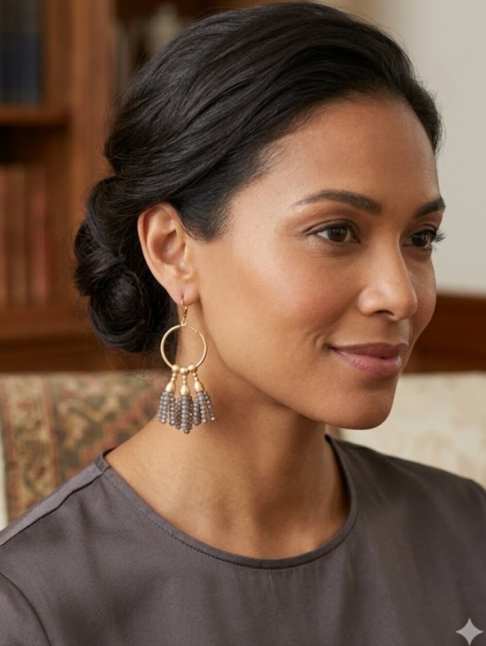 NWOT! Brushed Gold Tone Hoop Earrings Gray Tassels Lever Back